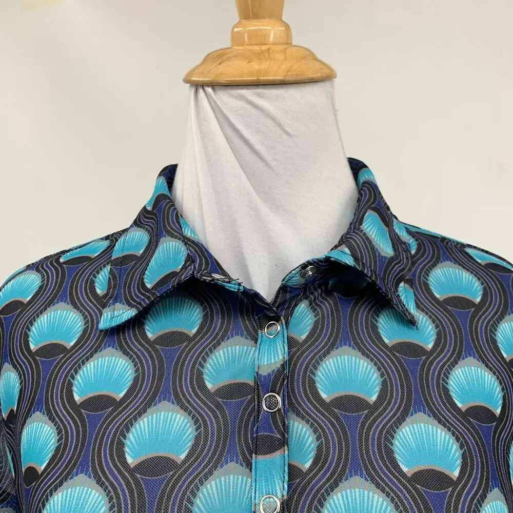 Daily Sports Shirt Women XL Extra Large Peacock Feather Button Placket Mesh Polo